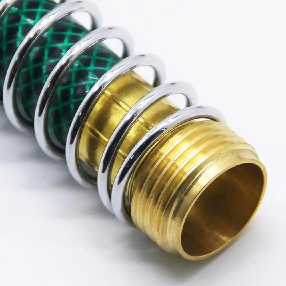 Close-up of a brass spring hose connector showing the spiral spring and 3/4 inch threaded fittings