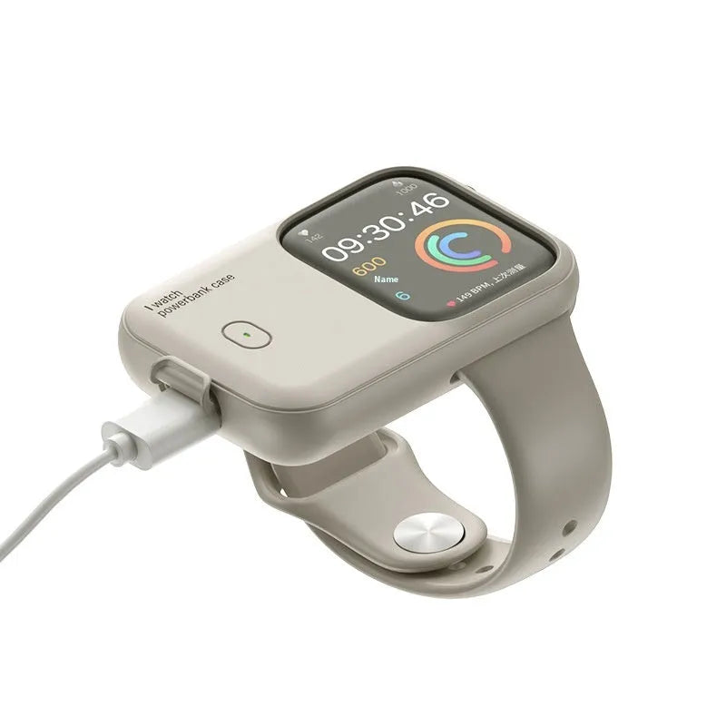 Apple Watch portable charging case with silicone cover, shown in Brown, Midnight Blue, and Starlight colours.