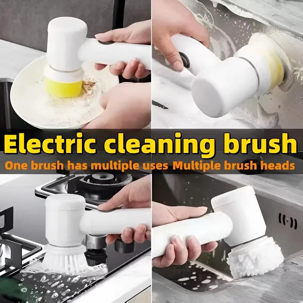 White cordless electric cleaning brush with three interchangeable nylon brush heads for household surfaces