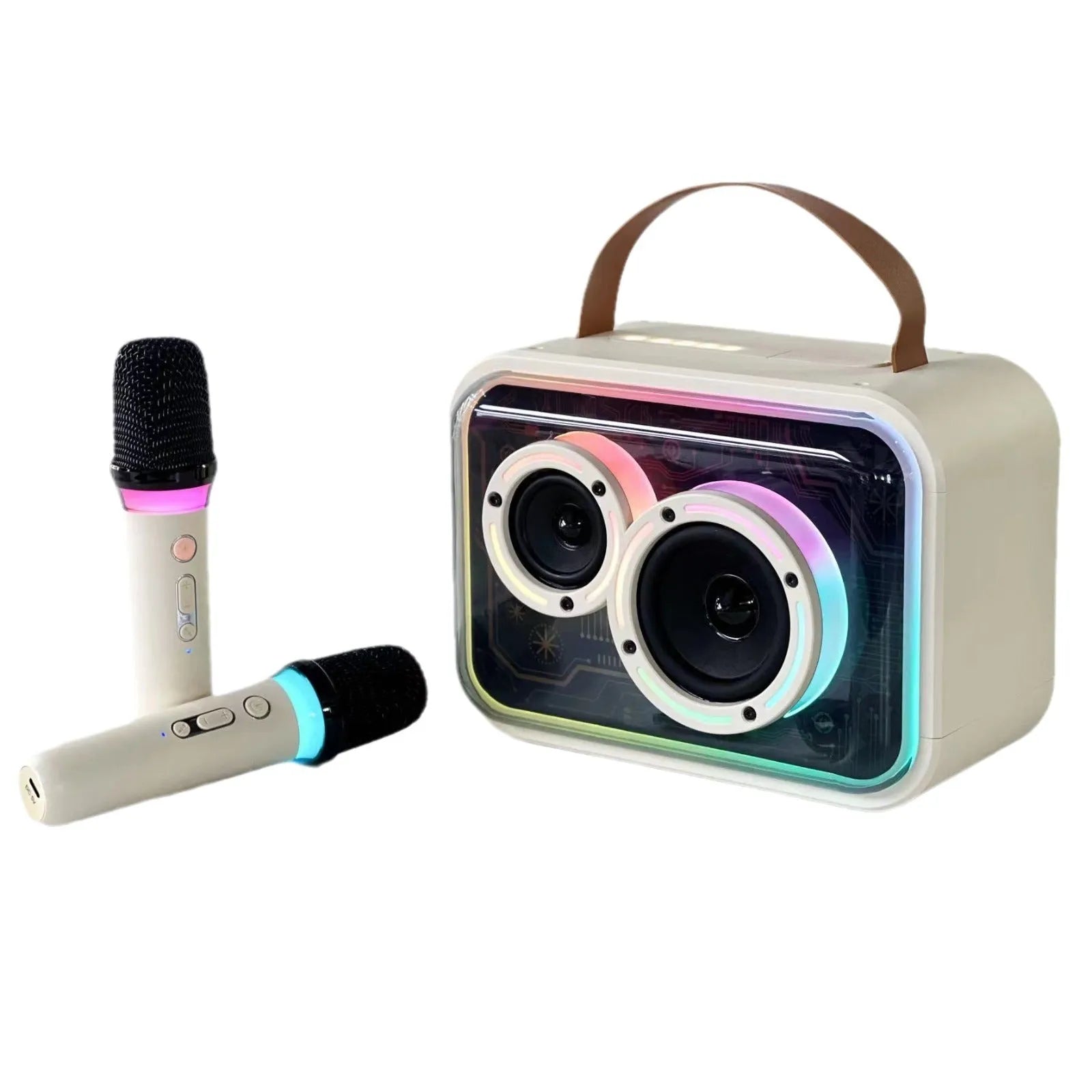 Portable Bluetooth karaoke speaker with RGB lights in light yellow or black with microphone