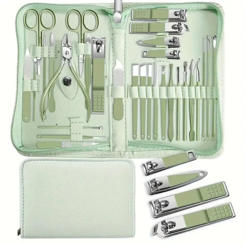 30-piece stainless steel nail tool set displayed with cuticle pusher, nail clipper and foot file