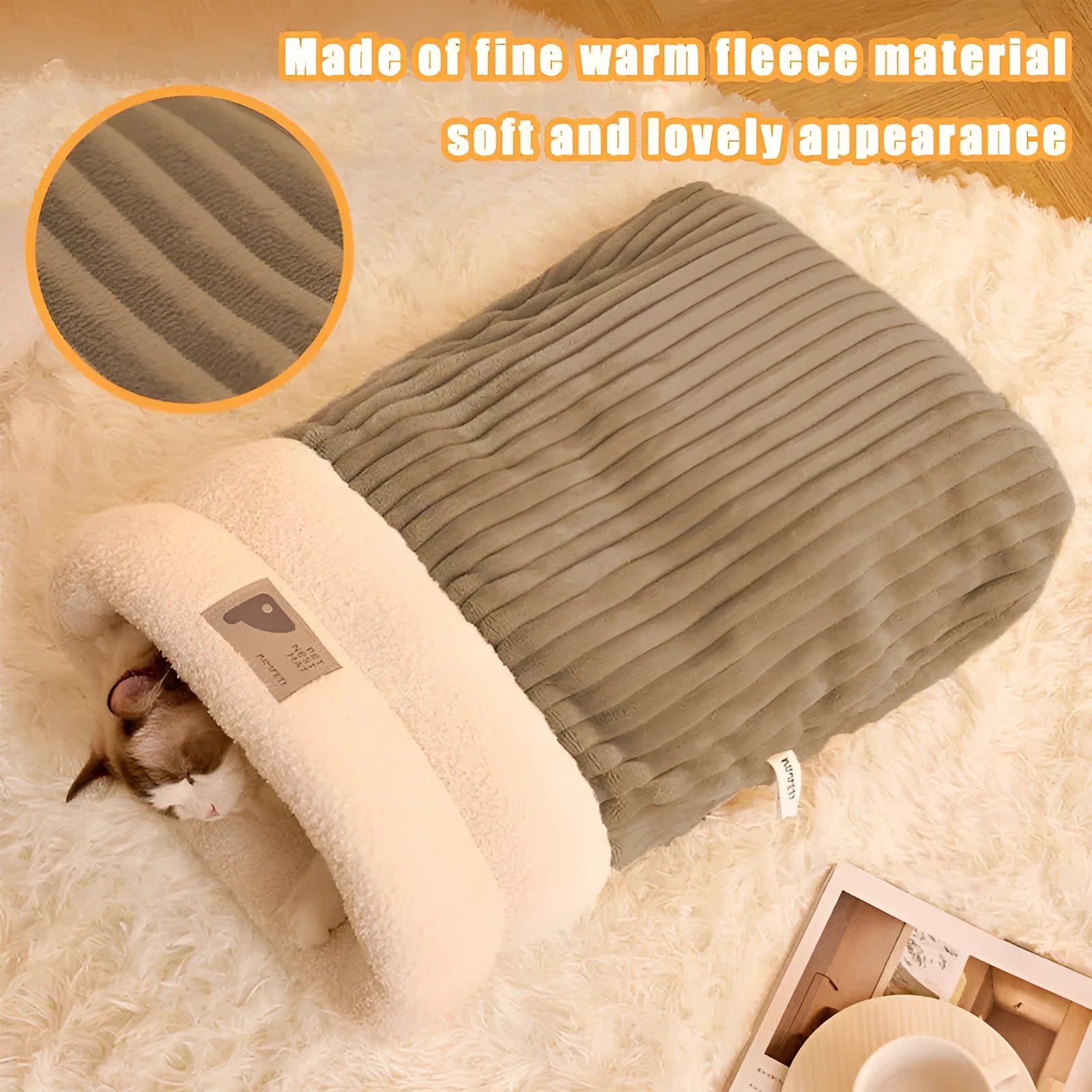 Brown semi-enclosed pet sleeping bag with lambswool insulation for cats and small dogs
