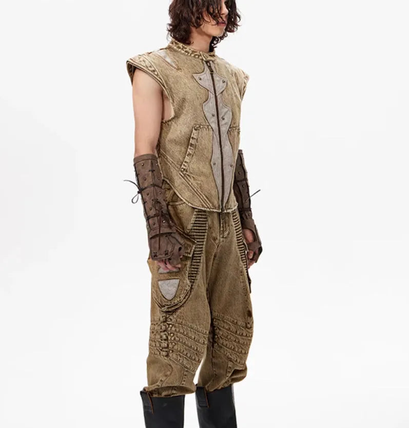 Korean style dark knight pleated denim vest in picture colour on a model.