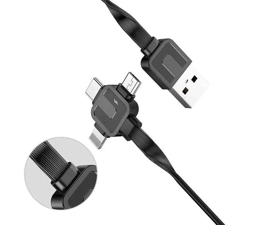 Black telescopic three-in-one fast charging data cable extended to 1 metre, showing Micro-USB, Lightning, and Type-C connectors.