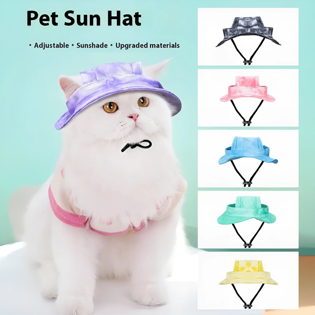 Pet sun protection hat with adjustable string clip for dogs and cats in black green light blue pink purple yellow