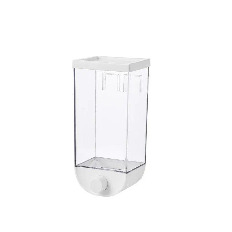 White transparent kitchen food storage container with easy-press cereal dispenser and wall mount