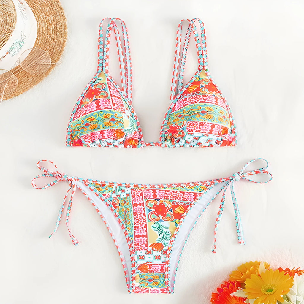 Women's lace-up split swimsuit with backless design and high-leg briefs in polyester spandex