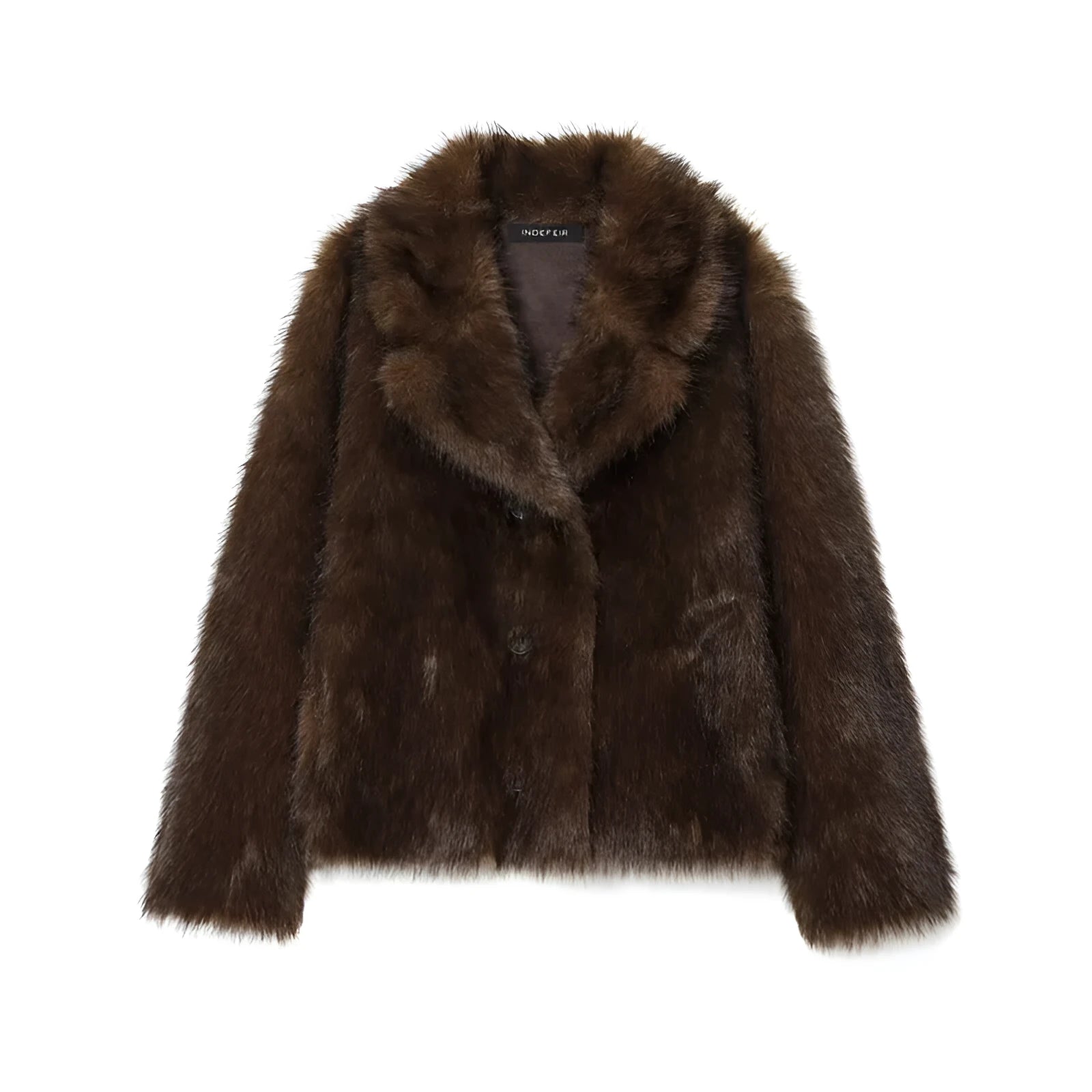 Women's double-sided brown artificial fur effect jacket with faux fur collar long sleeve