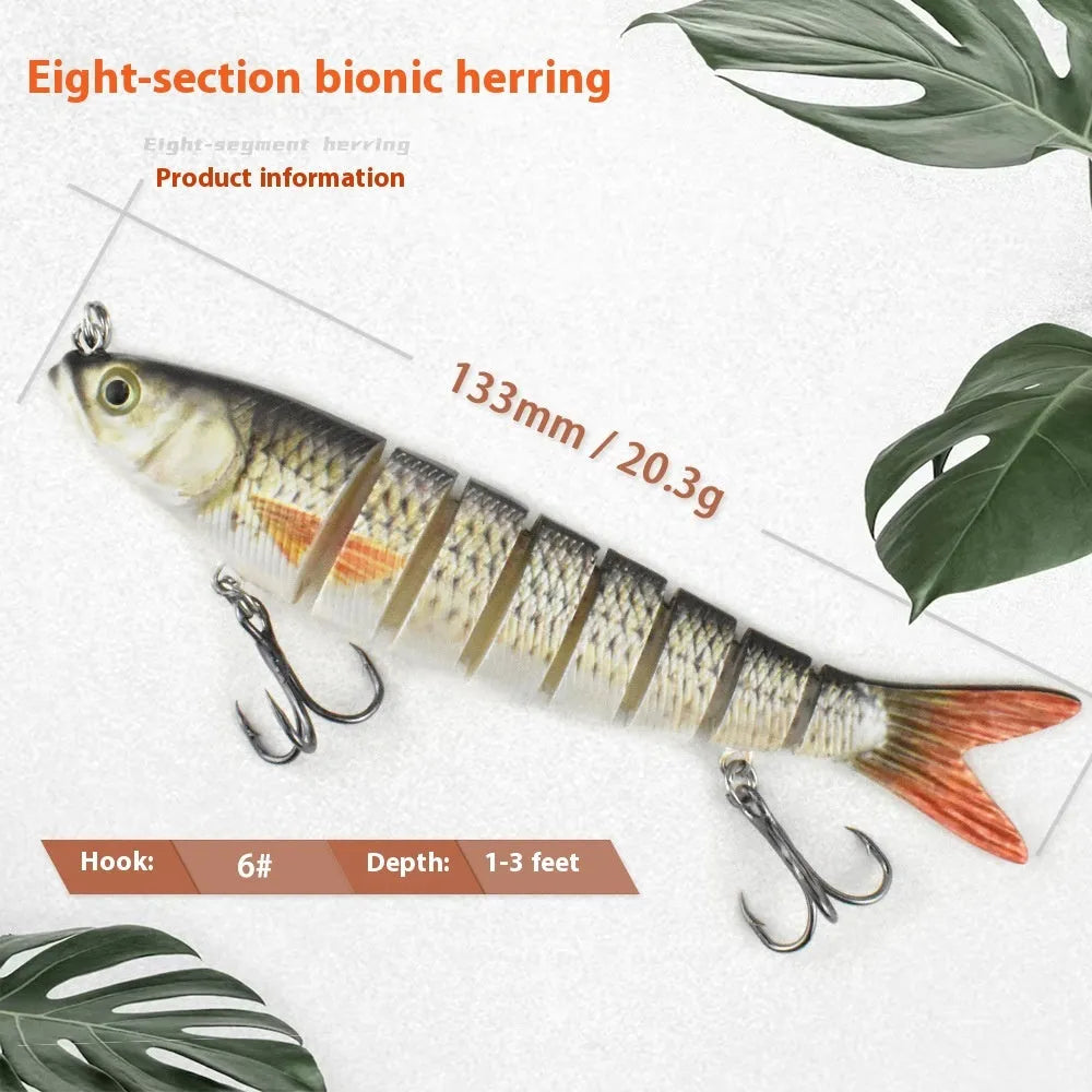 Hard plastic fishing bait lure showing bionic fish design, 133mm long, with colour options and storage box.