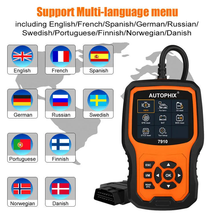 Autophix 7910 automotive diagnostic scanner tool for BMW vehicles with OBD2 connector.
