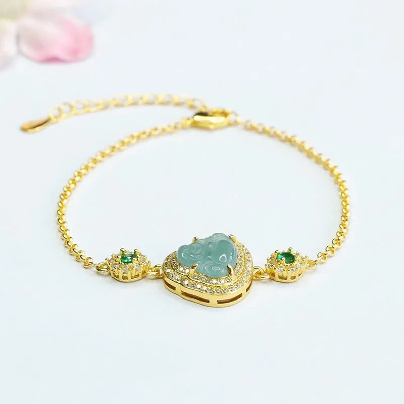 Emerald blue jade bracelet with carved Maitreya Buddha, size 10x13mm