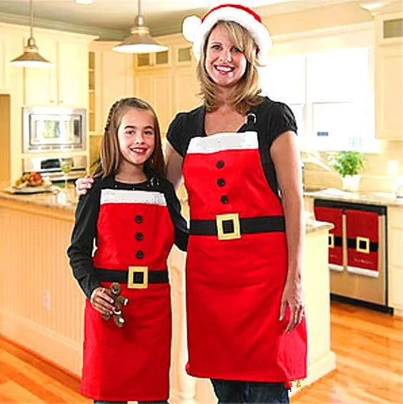 Red Christmas apron for adults and children with long straps for kitchen use