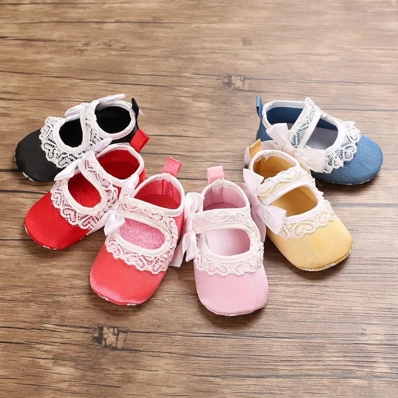 Baby toddler princess shoes with cotton upper, Velcro fastening, and non-slip sole on a white background
