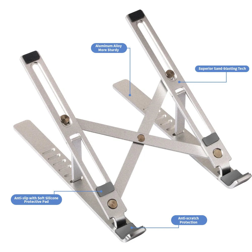 Portable aluminum alloy laptop stand in folded and extended positions showing height adjustment mechanism