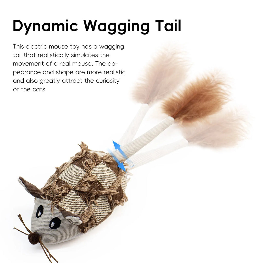 Blue electronic moving mouse cat toy with feather tail on a floor, showing scale.