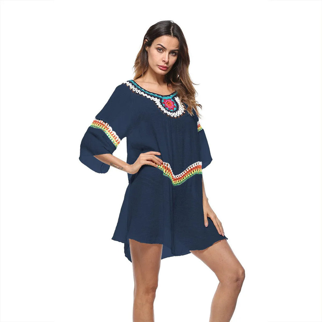 Crocheted ethnic style beach cover-up top in apricot colour for sun protection
