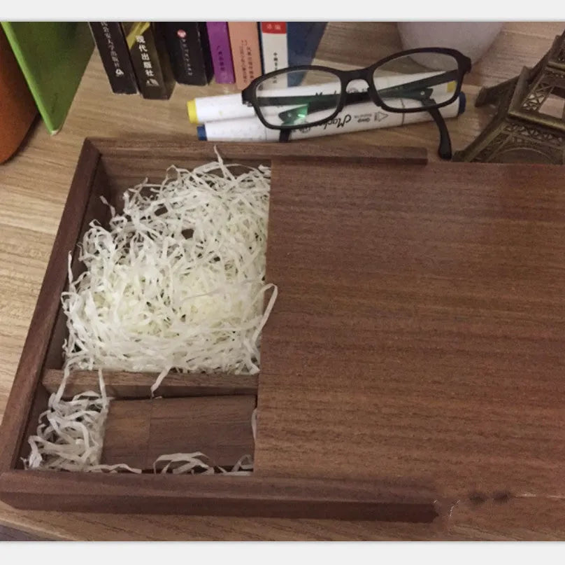 USB3.0 wooden U disk 32GB flash drive with large square wooden box in coffee colour