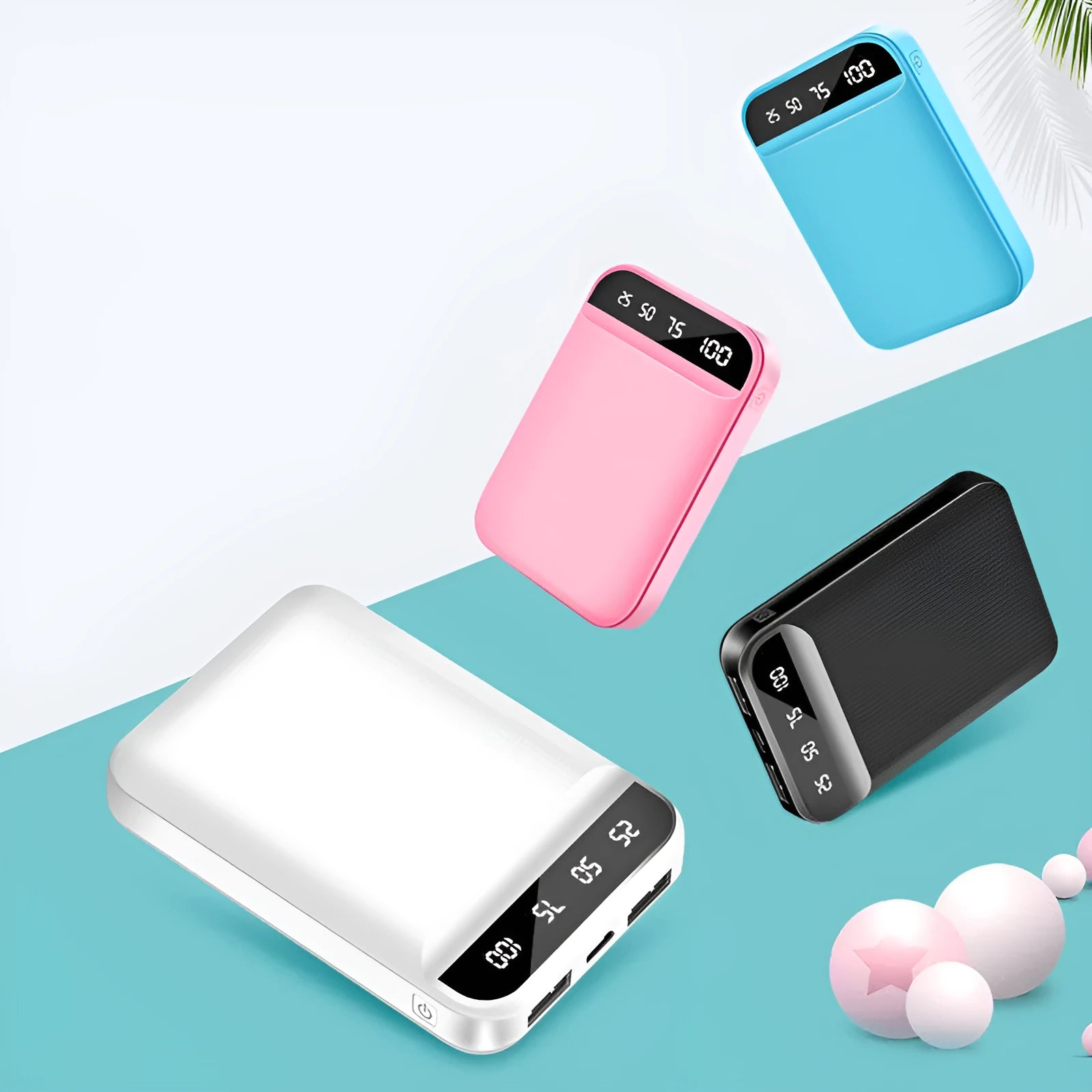 Mini power bank in black, blue, pink, or white with polymer lithium-ion battery and multiple USB ports