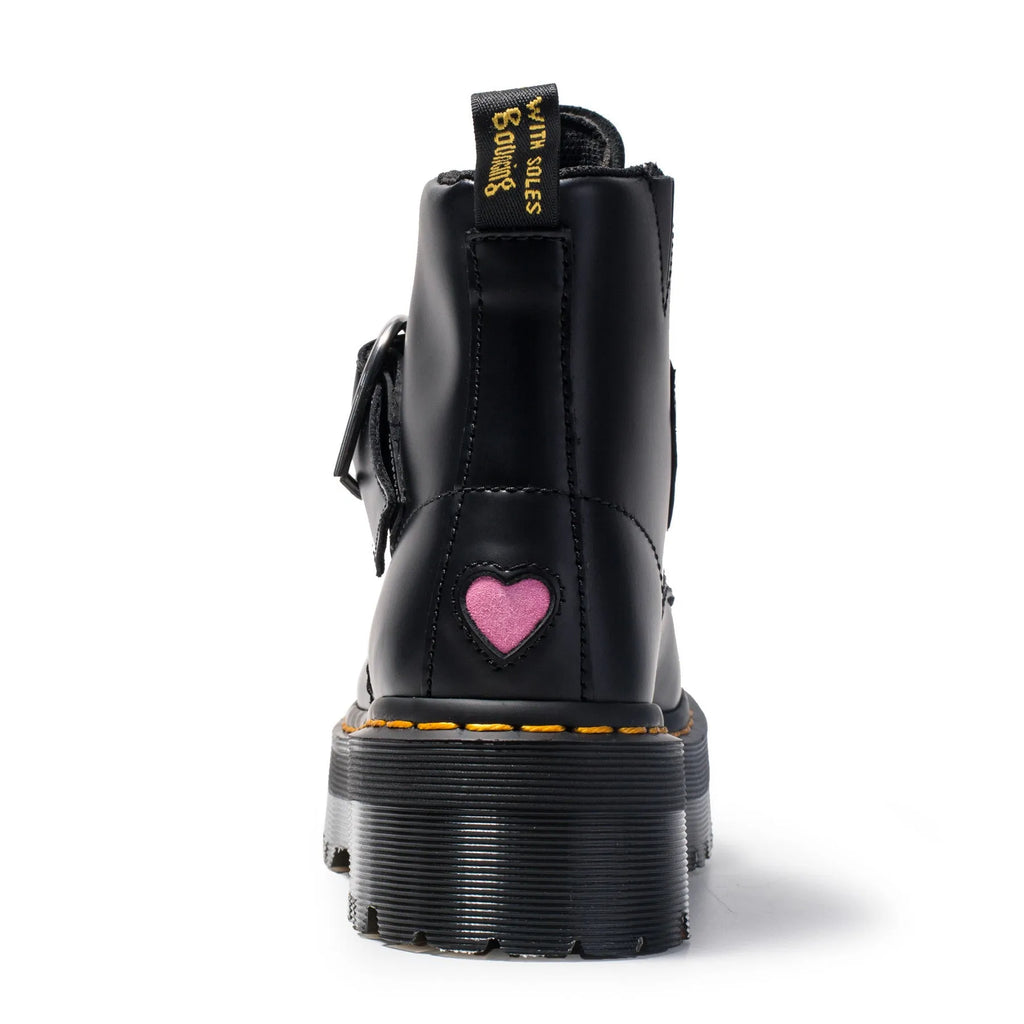 Women's black leather Martin ankle boots with side zipper, thick heel, belt buckle and waterproof platform