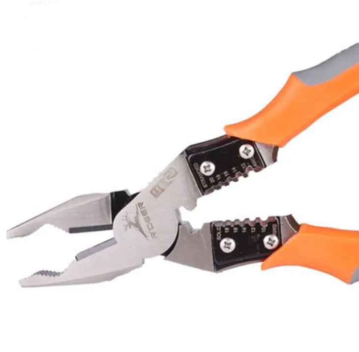 Orange multi-function wire cutter pliers with chrome steel head and textured plastic grips.