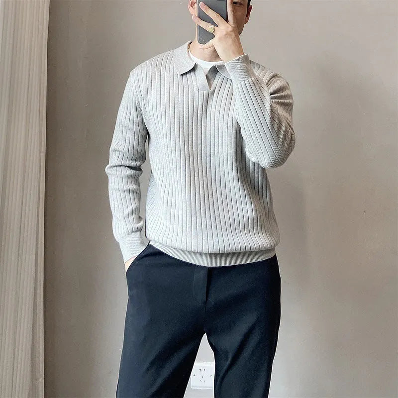 Men's loose striped lapel knitted sweater in modal and rabbit fur blend, shown in army green.