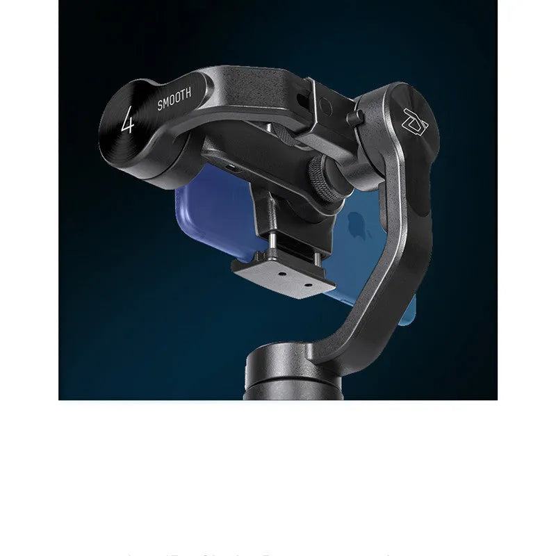 Black handheld mobile phone gimbal stabilizer on a table, made from ABS plastic.