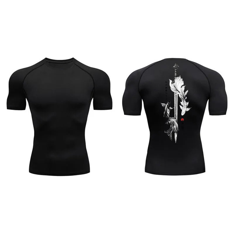 Men's short sleeve compression shirt with sword print design in multiple colour options
