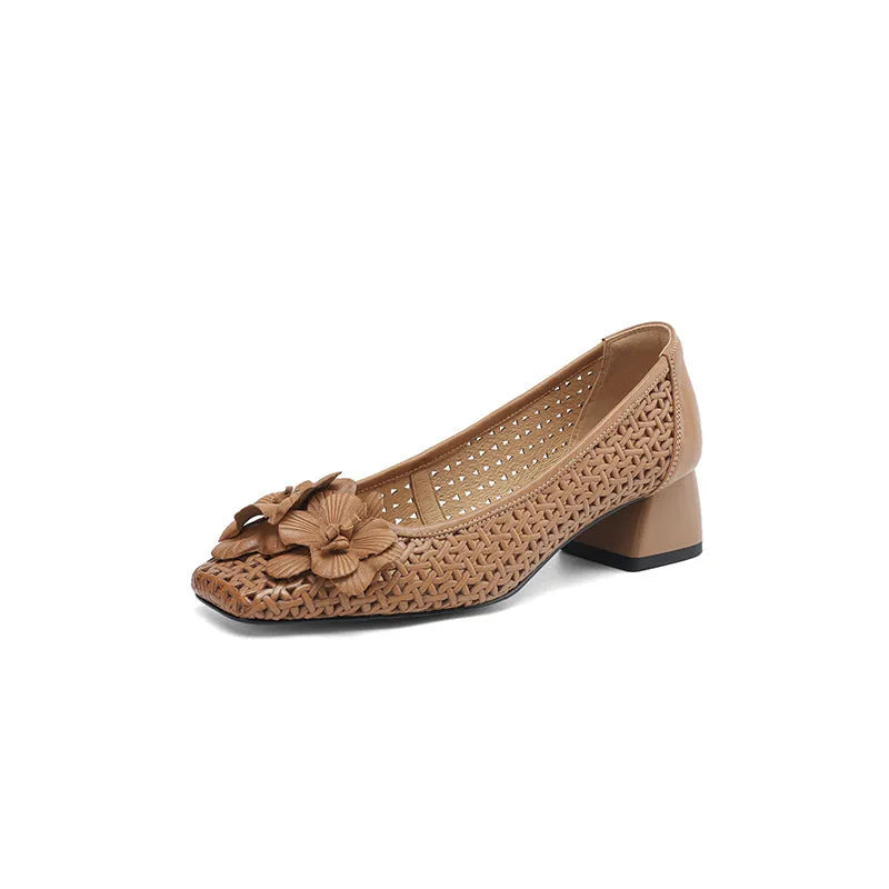 Women's light brown leather weave pumps with hollow design and mid heel on beef tendon sole