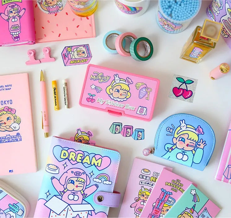 Korean cartoon sticker set showing square PVC designs with storage box