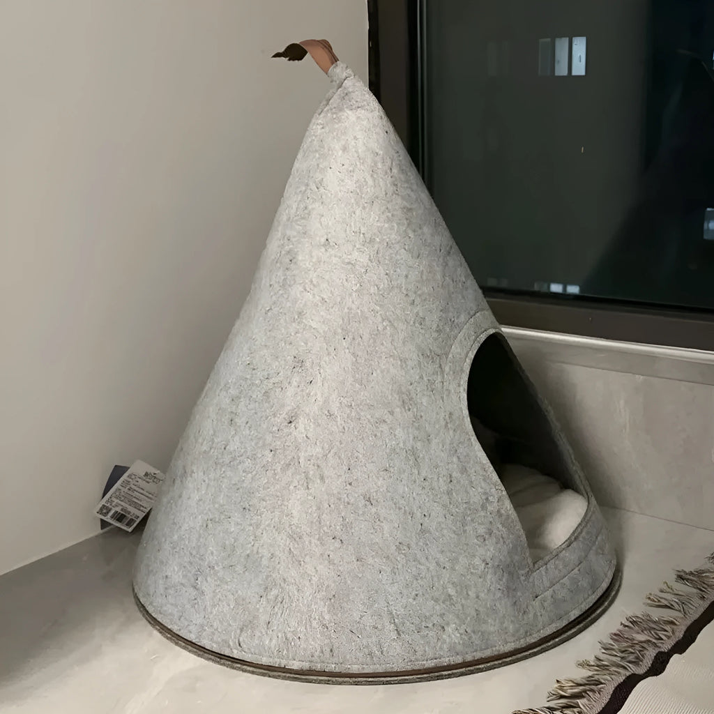 Grey handmade felt cone cat house measuring 50cm diameter by 51cm height