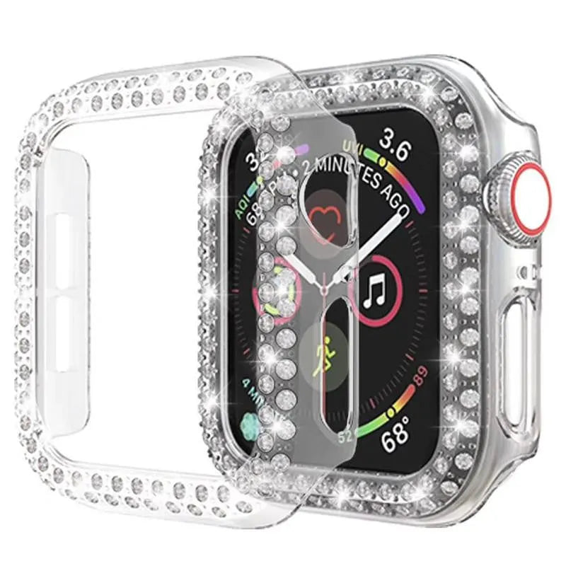 Transparent polycarbonate protective case for an Apple Watch, shown next to colour swatches.