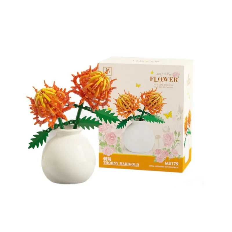 Building block flower set with small diamond particles and a vase in a colour box package