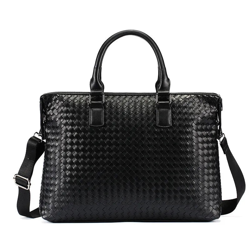 Men's hand-woven PU leather black briefcase bag with luggage strap and zippered pocket, horizontal square shape, 39x30x11.5 cm