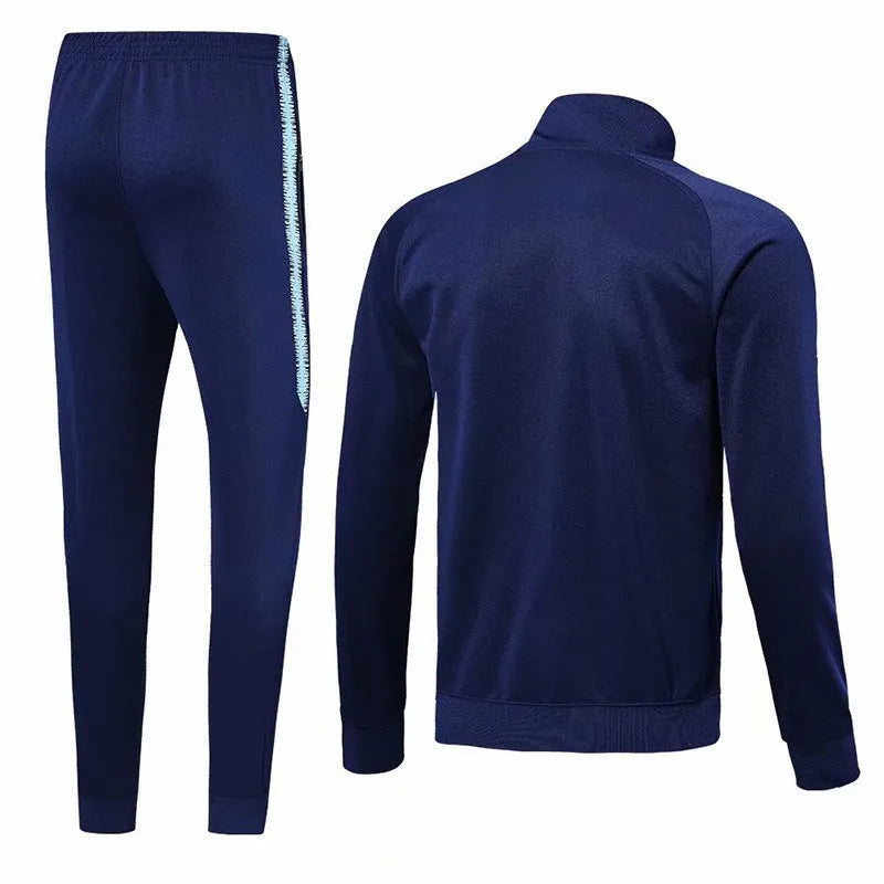 Blue men's casual suit with stand collar and matching trousers, long sleeves, autumn wear