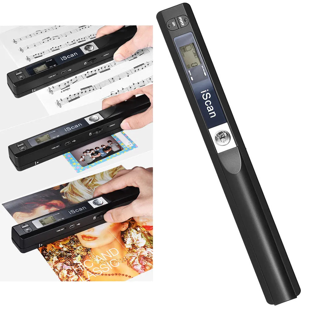 Handheld plastic scanner shown in black, blue, green, red, and silver colour options on a white background.