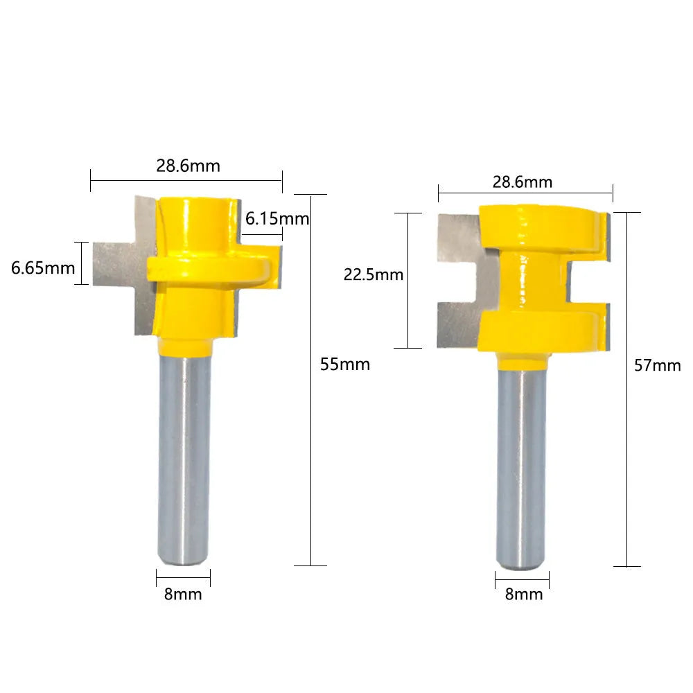 Yellow T-slot woodworking milling cutter with 30mm blade length and 8mm shank on white background