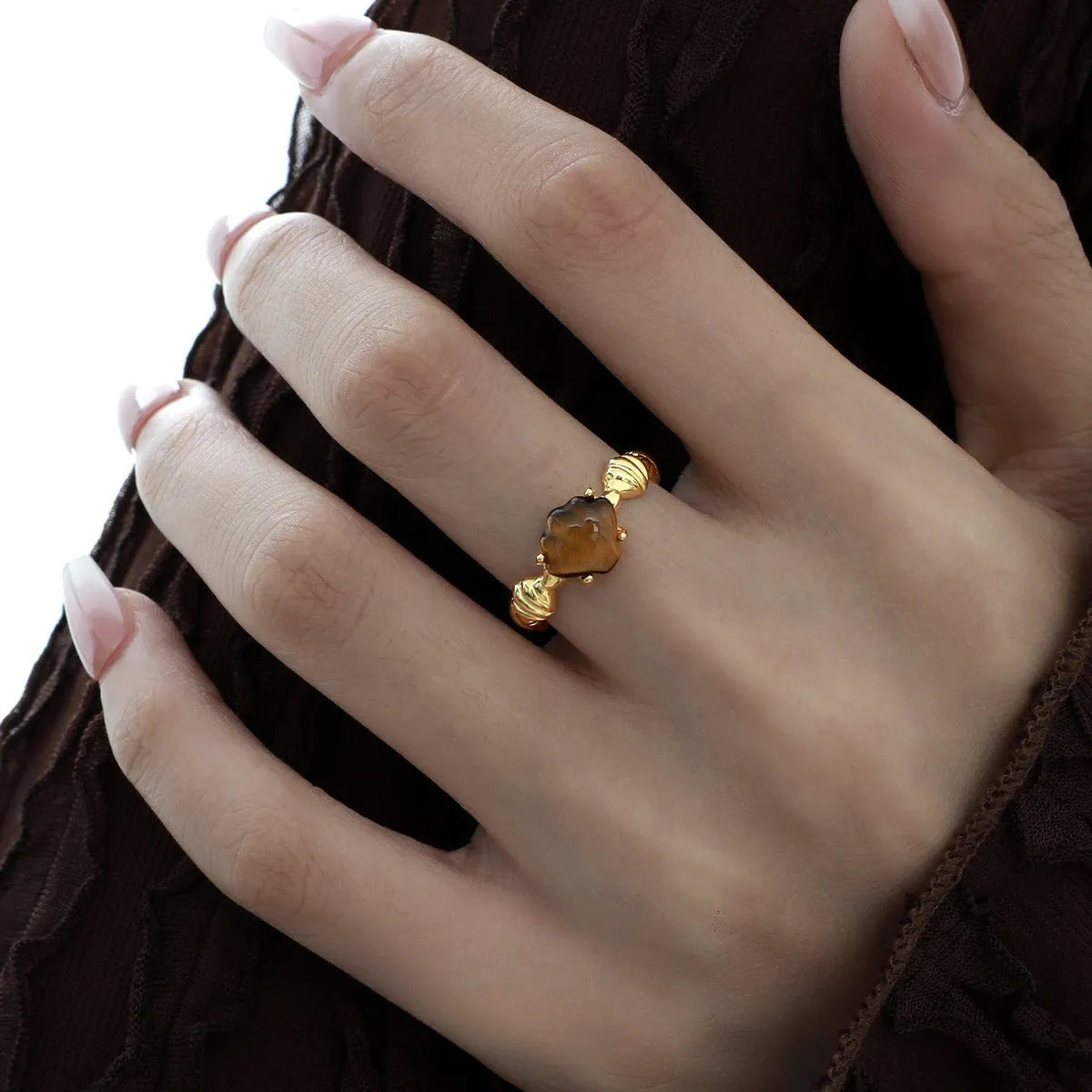 Adjustable shell tiger eye ring in silver with white gold or 18K gold electroplated finish