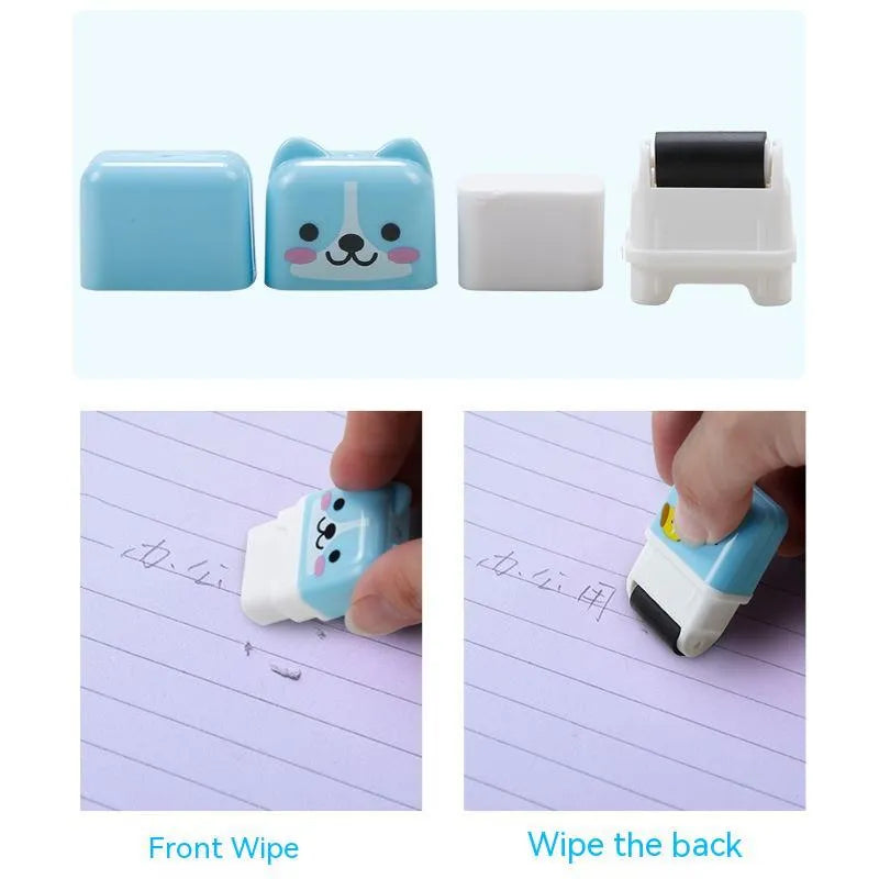 Set of 6 cute animal cartoon erasers in mixed colours, each 3x1.5x5cm, on a white background.