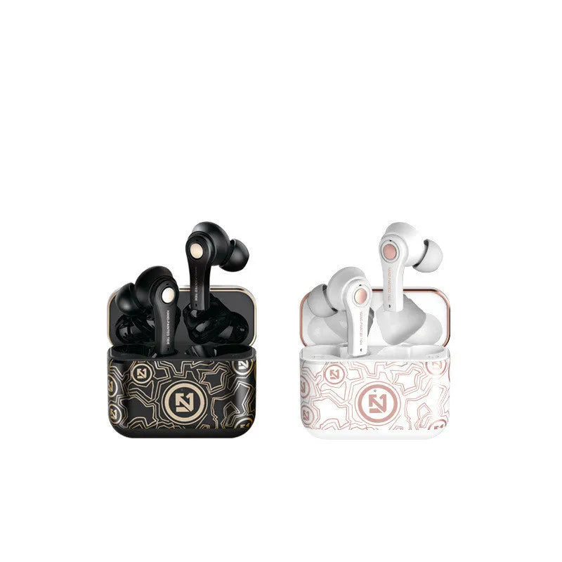 TS-100 TWS wireless headphones in black and white with charging case