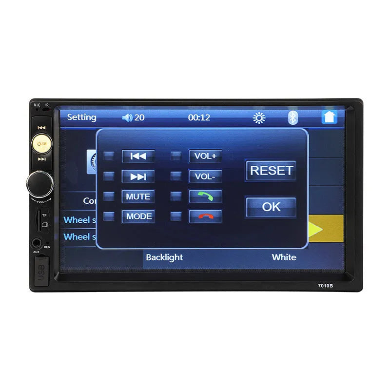 Car MP5 player with 7-inch LCD screen and black faceplate showing radio controls and colourful lights
