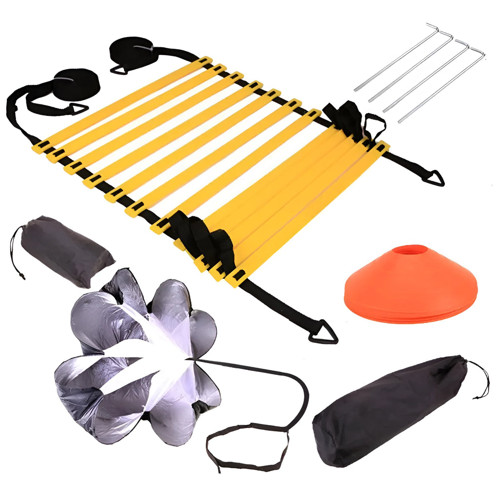 Yellow 6 metre 12 rung football training ladder with steel clips, parachute resistance, agility cones and gym bag