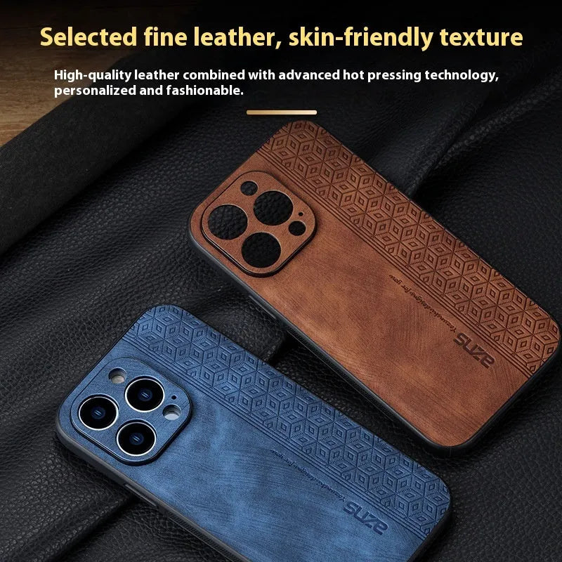 Imitation leather phone case with embossed pattern for Apple iPhone 14 to 17 series in blue