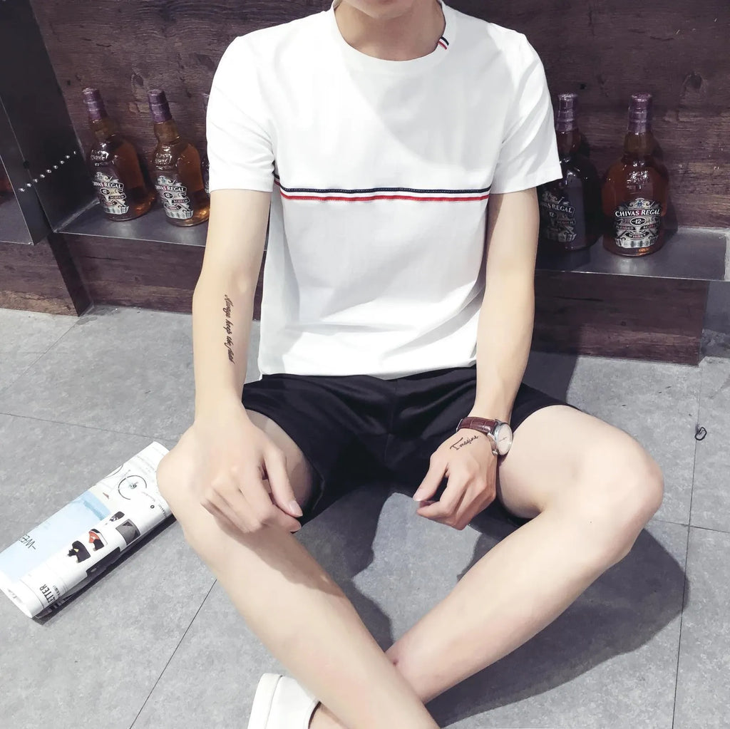 Men's round neck T-shirt in milk silk fabric, shown in white, red, black, and black and white colour options.