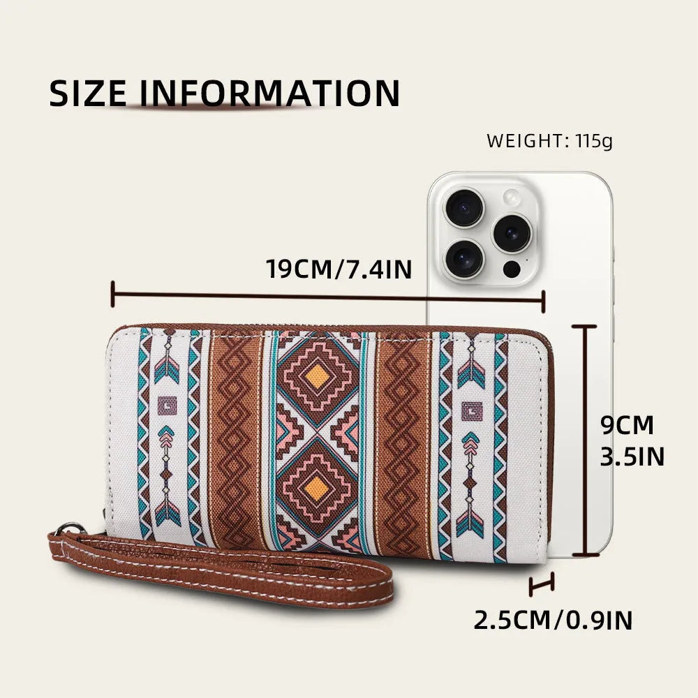 Bohemian striped canvas RFID wallet showing interior and 20x10x2cm dimensions