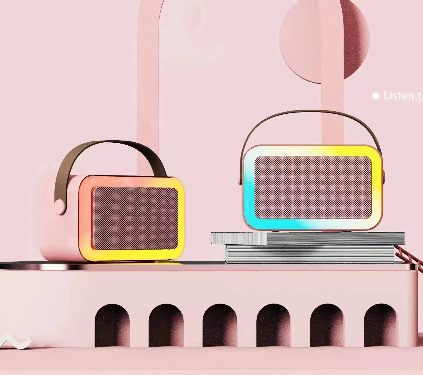 White portable Bluetooth karaoke speaker with coloured lights and a handheld microphone.