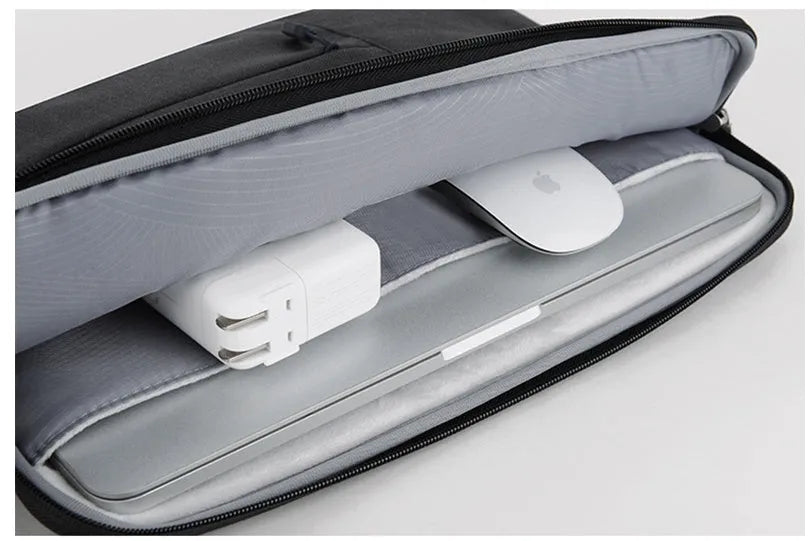 Shockproof nylon laptop case with zipper and multiple internal compartments in black