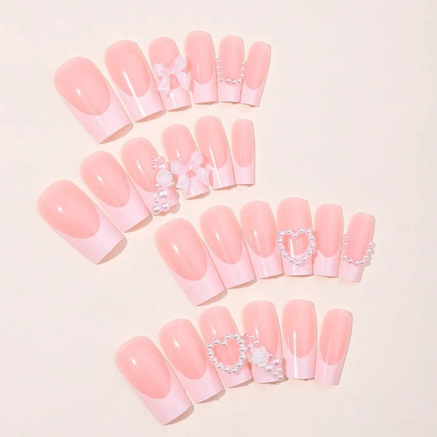 French Love Pearl fake nails set showing 24 artificial nail stickers with love pattern