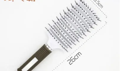 Black bristle and nylon hairbrush with arched comb head and non-slip rubber handle on white background