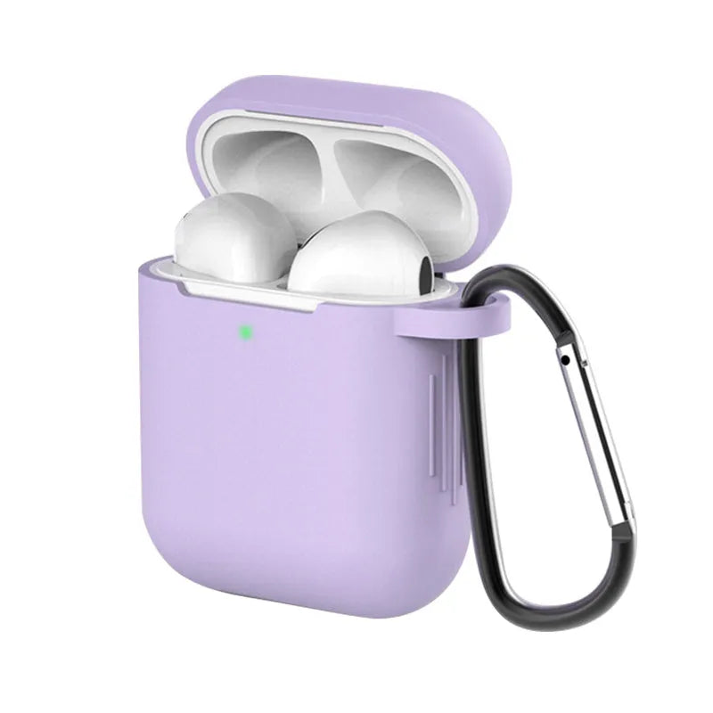 Liquid silicone clam-shell cover for Apple AirPods 1st and 2nd generation charging case.