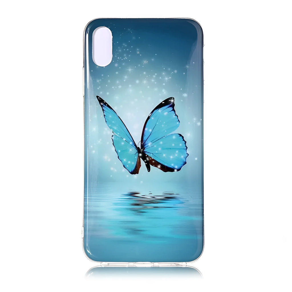 Luminous phone case with cartoon butterfly design for iPhone on transparent TPU background